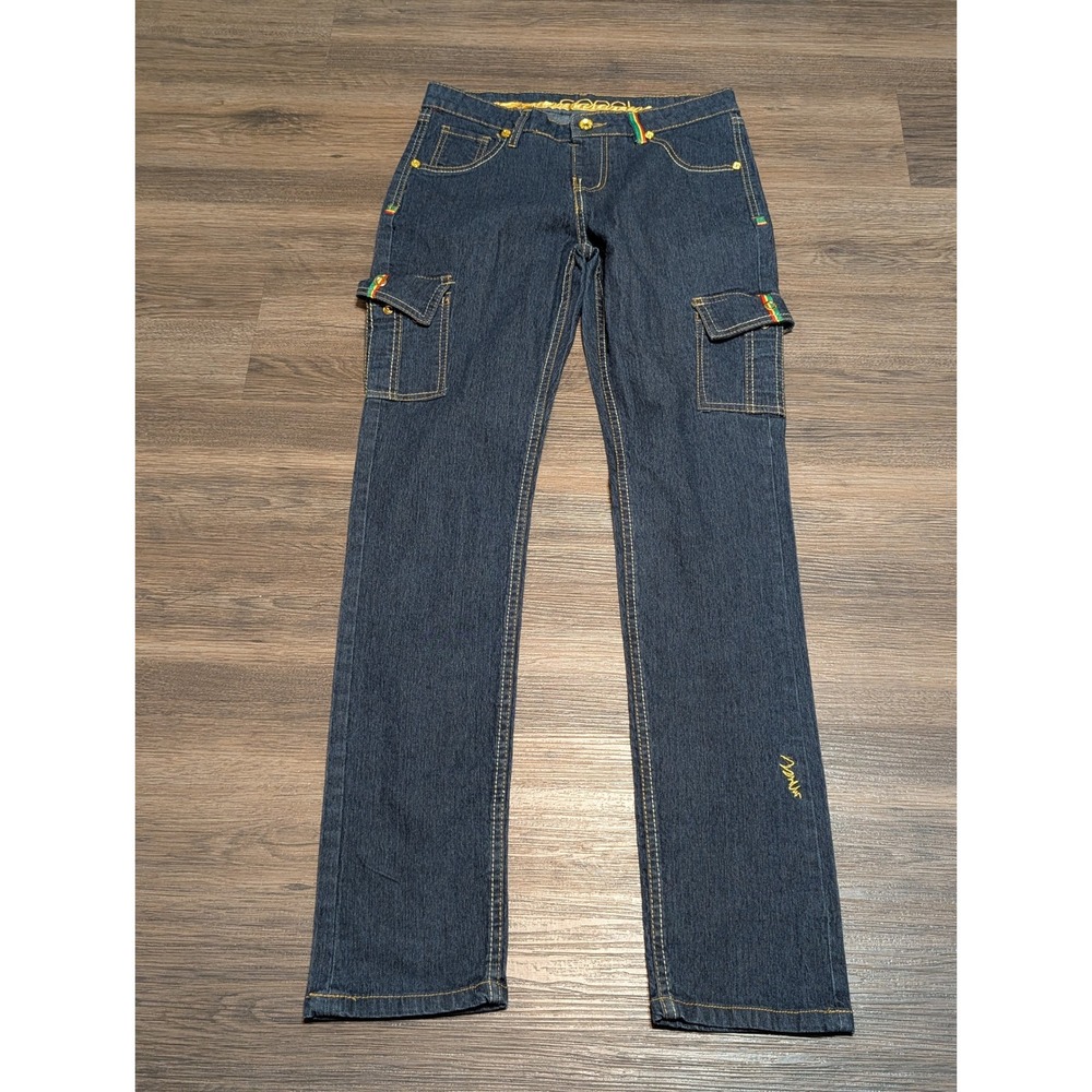 Coogi Womens Cargo Jeans‎ Dark Wash Embroidered Rhinestone Rasta Stripe Size 16 - Picture 2 of 7